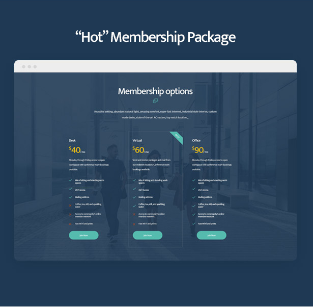 Coworkshop Coworking Space WordPress Theme with hot membership packages