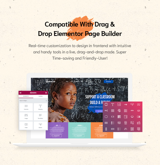 Drag & Drop Elementor Page Builder in Givelove Non Profit Charity & Crowdfunding WordPress Theme