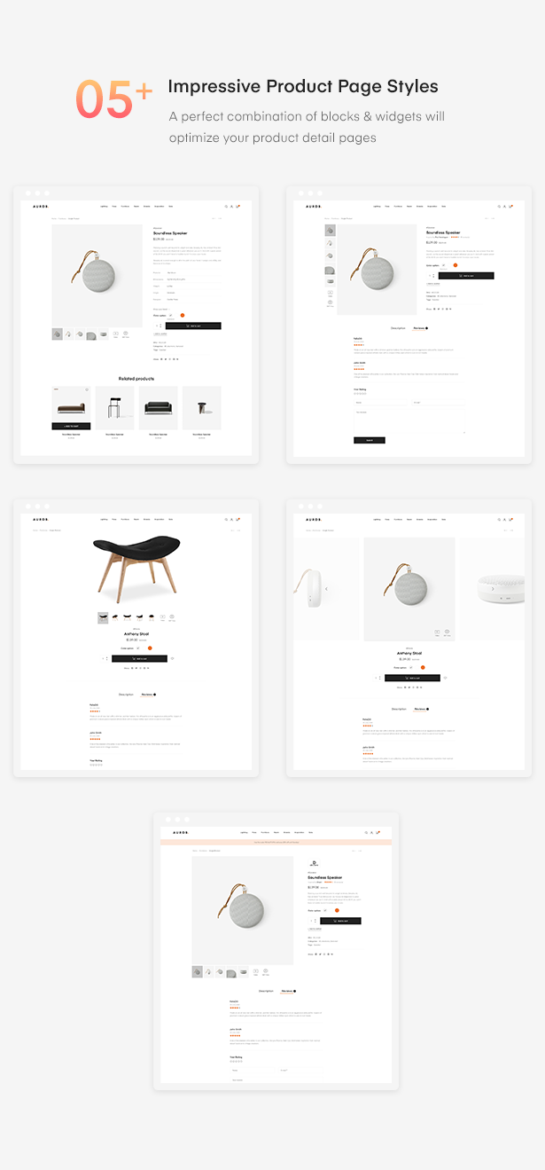 05+ Impresionantes estilos de página de productos de Auros Furniture Elementor WooCommerce Theme