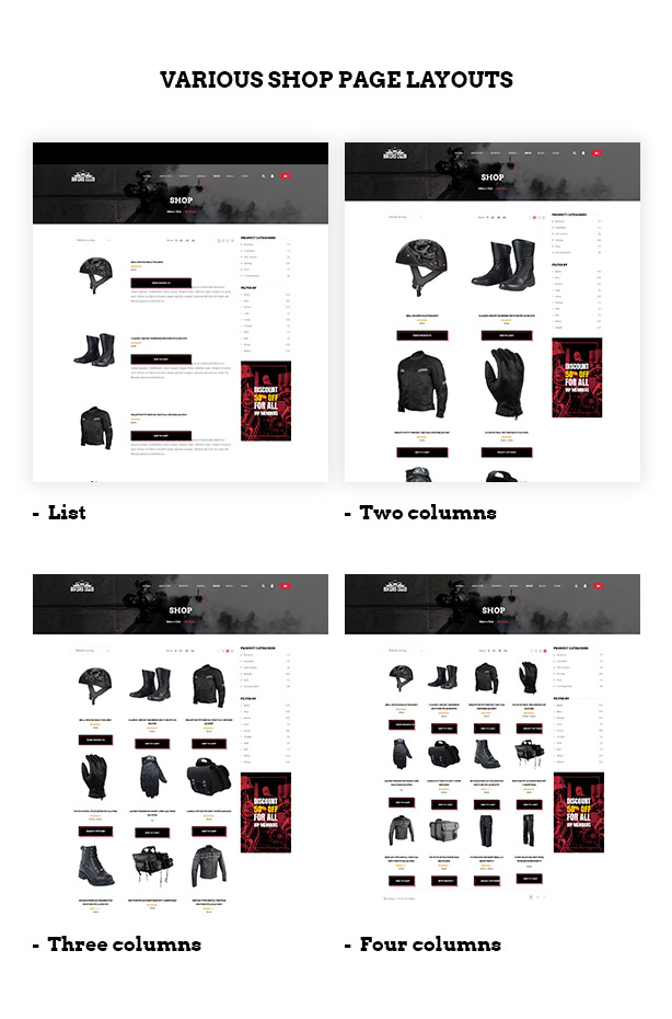 Múltiples diseños de página de tienda en el tema de WordPress de WooCommerce de Bikersclub Motorcycle club