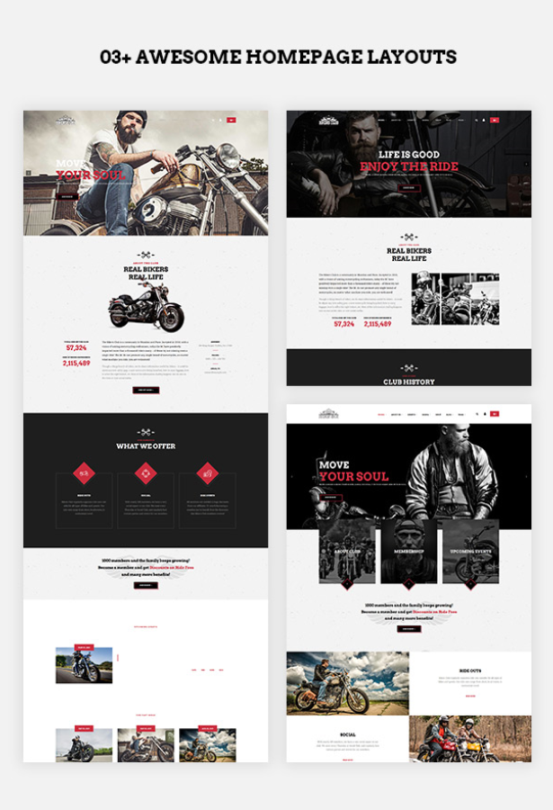múltiples diseños de página de inicio del tema de WordPress para motocicletas Bikersclub