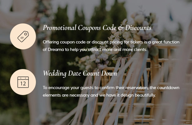 Coupon code & discount et mariage compte à rebours dreama fiançailles & Wedding Planner thème WordPress