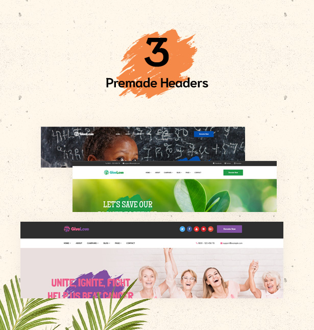 Premade headers in Givelove Non Profit Charity & Crowdfunding WordPress Theme