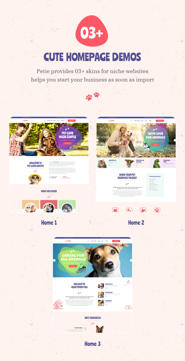 Petie - Pet Care Center & Veterinary WordPress Theme 03+ cute homepages